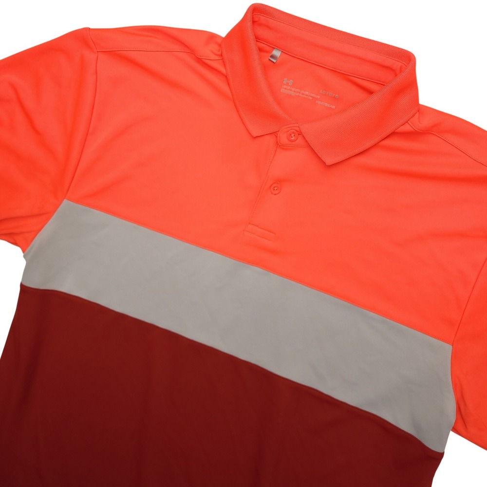 Under‎ Armour HeatGear Polo Shirt Mens Large Orange Colorblock Golf Short Sleeve